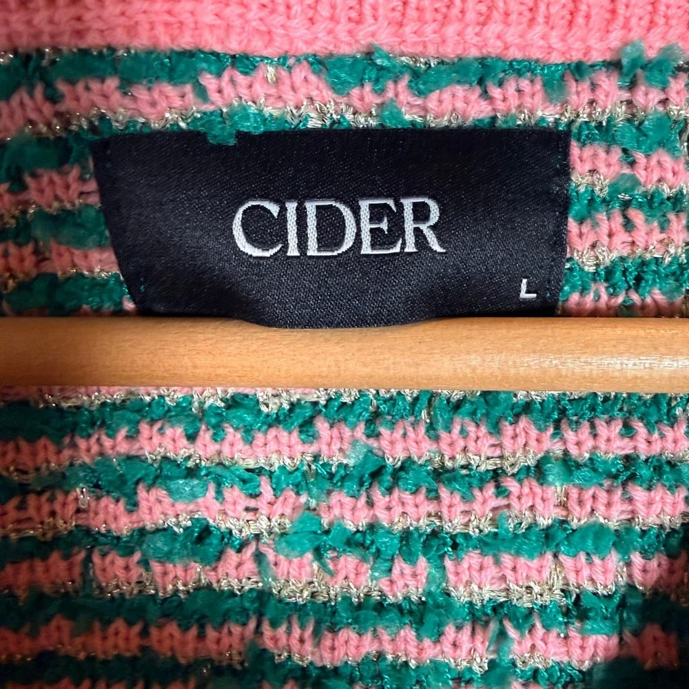 Cider Green Pink Tweed Boucle Cropped Cardigan Sweater Metallic Gold Size L